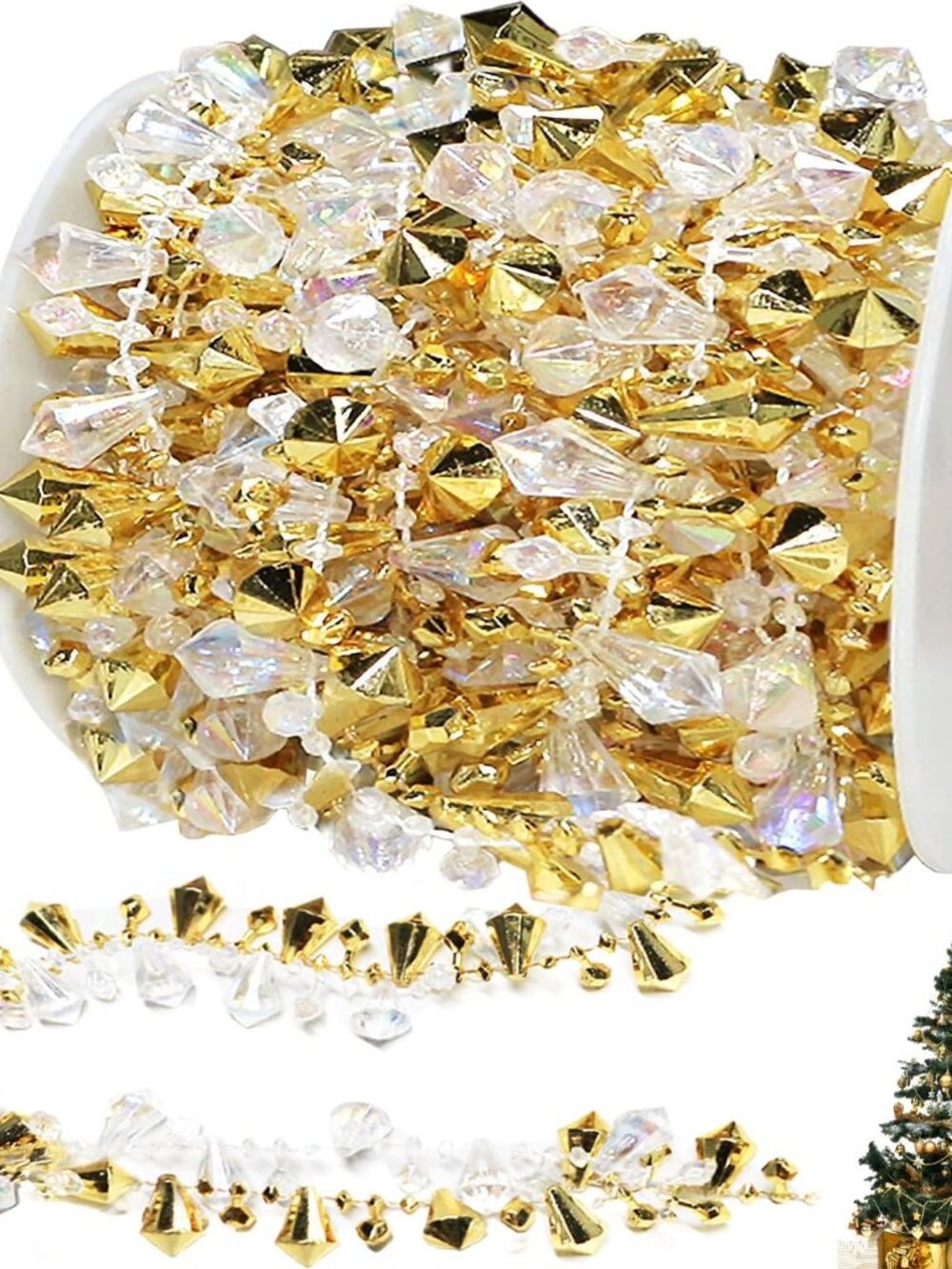16ft Christmas Garland Christmas Tree Gold Bead Decoration Clear Iridescent & Go